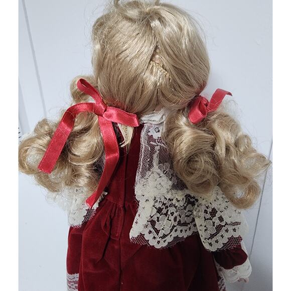 Vintage Tender Hearts Porcelain Doll No. 594 Red Velvet Lace Dress w/ Stand - Picture 5 of 10